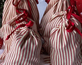 Christmas gift bags red stripe ticking sets of 2,  3, or 4 or 6