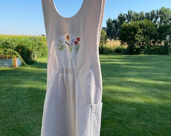 Cross back Linen Pinafore apron with pockets for women  embroidered wildflowers