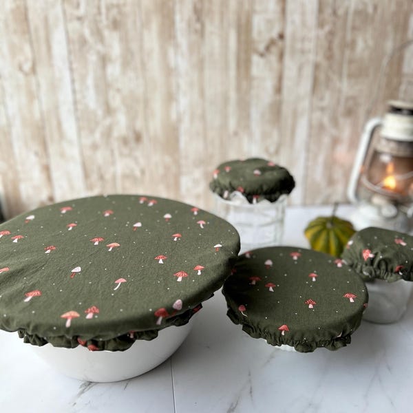 Tapa para cuenco con estampado de setas: Tapa reutilizable para masa madre