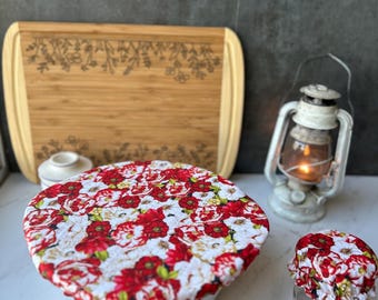 Bowl cover or jar cover sourdough starter lid Reusable cloth Red floral