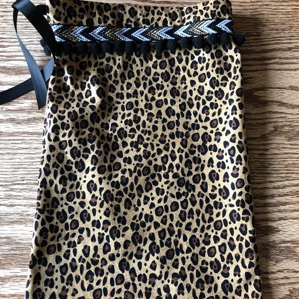 Leopard gift bags cloth reusable Pom Pom trim
