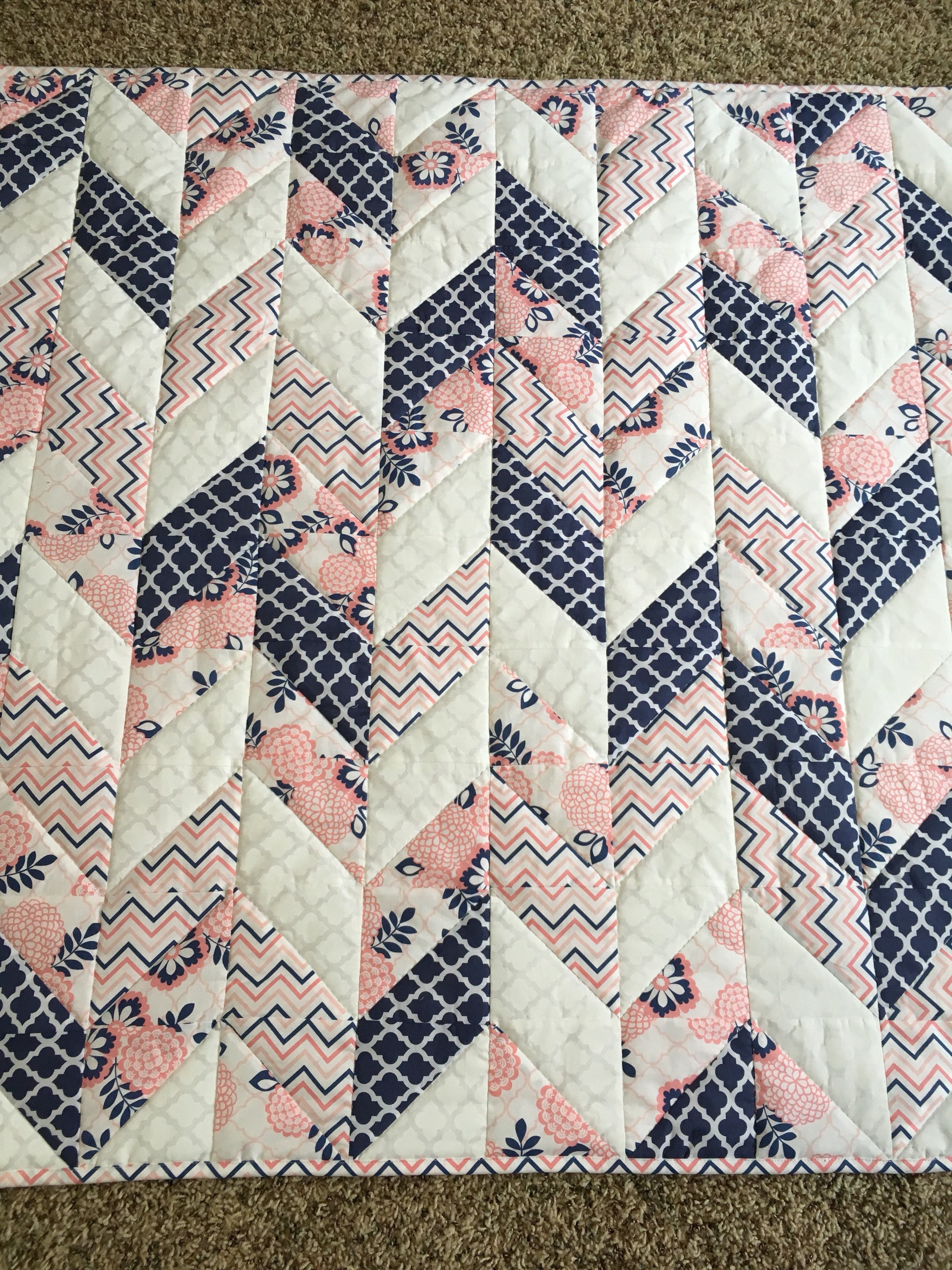 Nursery baby girl quilt blanket Herringbone pink Navy White Etsy