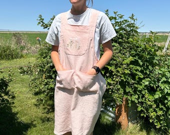 Cross back linen Pinafore apron with pockets small women’s embroidered wildflowers peach Linen