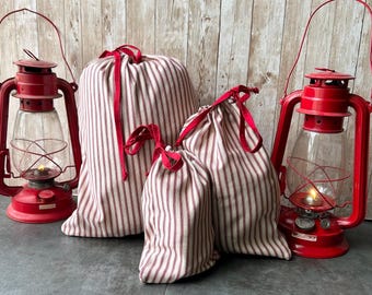 Striped Cotton Drawstring Gift Bag: Reusable Farmhouse Style Green, Red, Black, or Blue