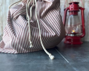 Striped Cotton Drawstring Gift Bag: Reusable Farmhouse Style Green, Red, Black, or Blue