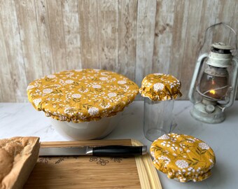 Reusable Bowl Cover: Sourdough Starter Lid, Dandelion on mustard Fabric