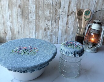 Embroidered Linen Bowl and Jar Cover Set: Butterfly Floral, Blue (12" and 5")