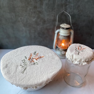 Embroidered Linen Bowl and Jar Covers: Fall Floral, Ecru (Set of 2)