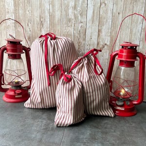 Christmas gift bags red stripe ticking sets of 2,  3, or 4 or 6