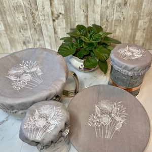 linen embroidered, sour dough starter cover. Bowl bonnet, jar cover