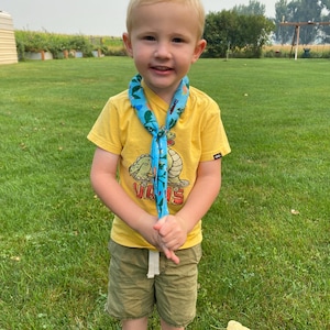 May include: A young boy wearing a yellow t-shirt with a dinosaur graphic and a blue and green patterned neckerchief. He is wearing khaki shorts and black sneakers. He is standing in a grassy field.