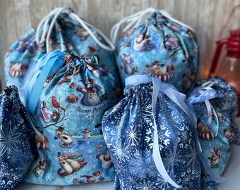 Reversible Christmas Gift Bag – Snowman & Snowflake Fabric, Eco-Friendly