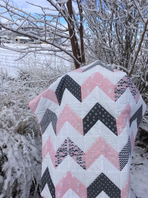 Nursery Quilt Chevron Baby Girl Pink Grey Stag Quilt Etsy