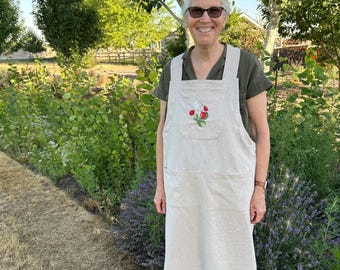 Embroidered Linen Pinafore Apron: Cottagecore Daisies, Strawberries, Mushrooms