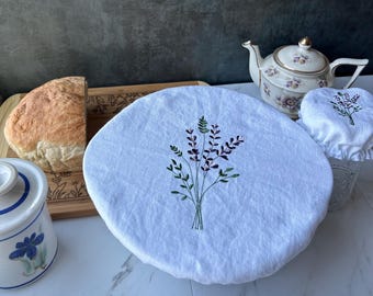 Embroidered Linen Bowl Cover: Floral Jar Lids, Reusable Food Wrap