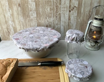 Reusable Bowl Cover: Light Gray Dandelion Print, Sourdough Starter Lid