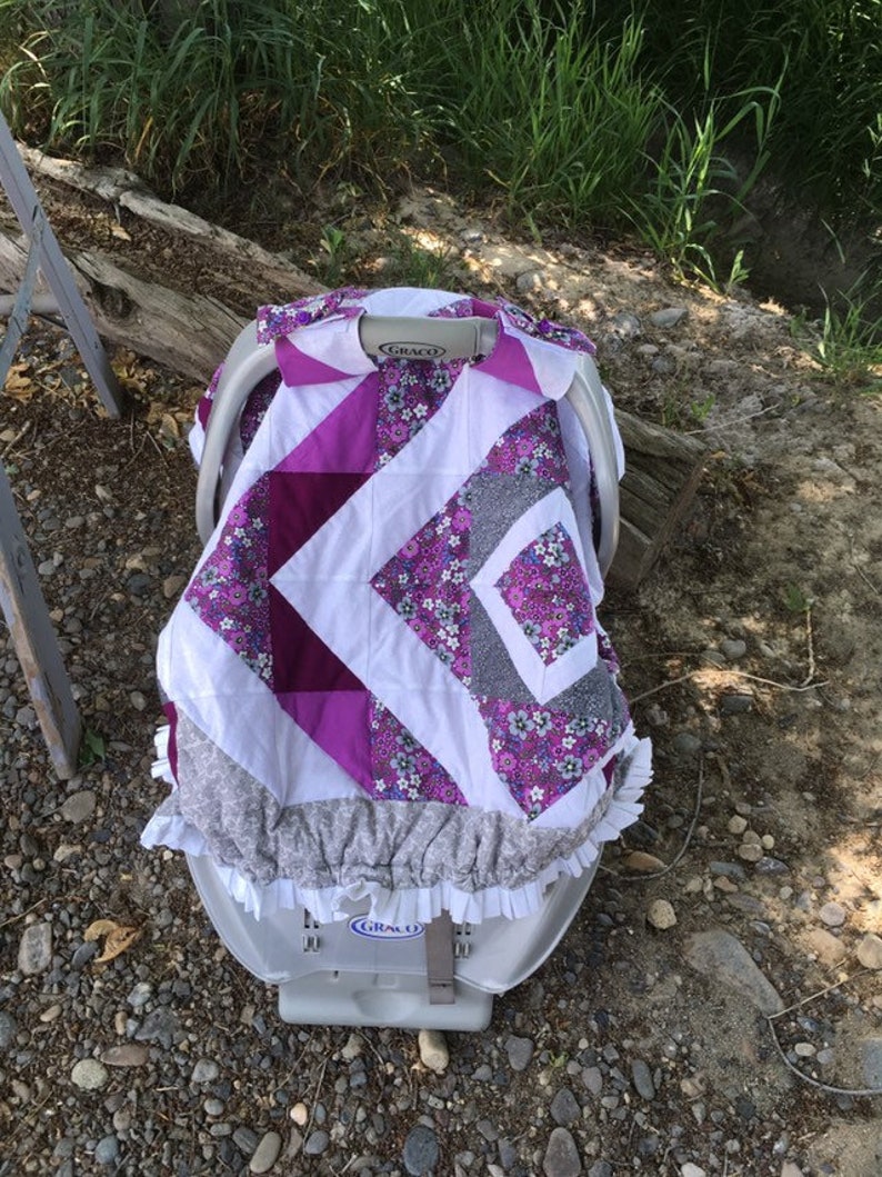 Baby girl car seat covers canopy pink purple hand quilted