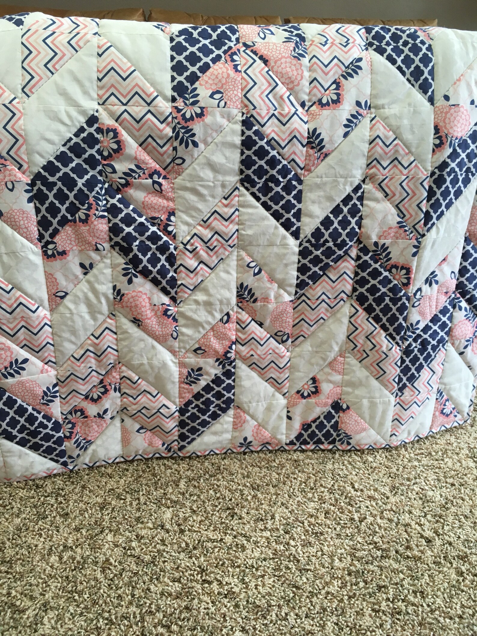 Nursery baby girl quilt blanket Herringbone pink Navy White Etsy