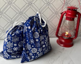 Gift bags Christmas  Eco- friendly cloth reusable unlined Blue with foil snowflakes