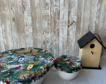 Reusable Bowl Cover with Birds and Birdhouses – Food Safe, Washable Fabric Alternative