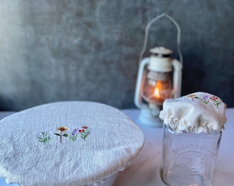 Linen embroidered jar and  bowl cover wildflowers on natural linen set of 2