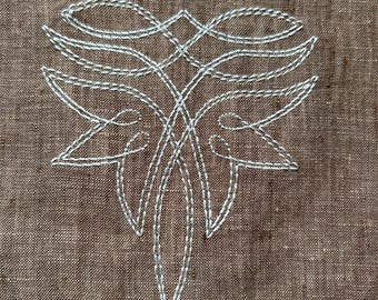 Embroidered Linen Bowl Cover: Reusable Food Storage Boot stitch on tobacco colored linen