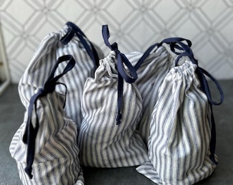 Navy stripe Fabric Reusable gift bags cotton drawstring