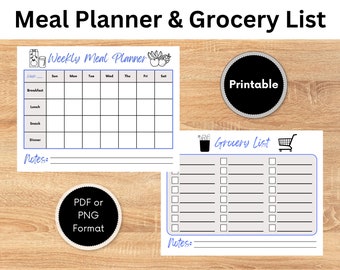 Printable Weekly Meal Planner and Grocery List - Instant Download - PDF or PNG Format