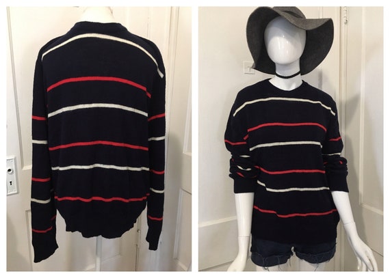 Vintage Navy Blue Red White Striped Sweater Repage Size Xl Etsy