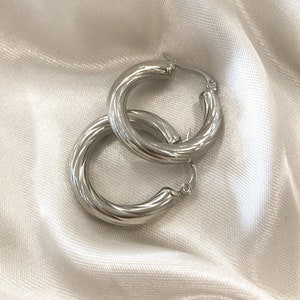 Medium Silver Hoop Earrings: Etched 30mm Silver-Plated Hoops