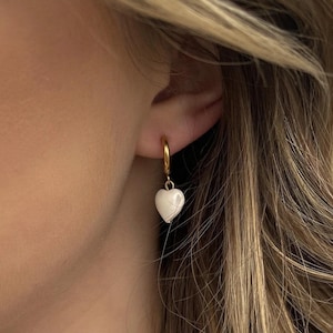 Mother of Pearl Heart Earrings, Heart Huggies, Gold Micro Hoops, Dangle Earrings, Heart Jewelry, Drop Earrings, Gift Idea
