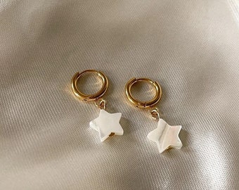 Mother of Pearl Star Earrings, Star Huggies, Gold Micro Hoops, Dangle Earrings, Drop Earrings, Celestial Earrings, Star Jewelry, Gift Idea