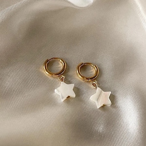 Mother of Pearl Star Earrings, Star Huggies, Gold Micro Hoops, Dangle Earrings, Drop Earrings, Celestial Earrings, Star Jewelry, Gift Idea