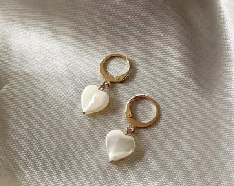 Mother of Pearl Heart Earrings, Heart Huggies, Gold Micro Hoops, Dangle Earrings, Heart Jewelry, Drop Earrings, Gift Idea