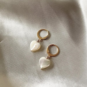 Mother of Pearl Heart Earrings, Heart Huggies, Gold Micro Hoops, Dangle Earrings, Heart Jewelry, Drop Earrings, Gift Idea