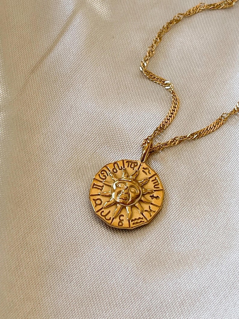 Zodiac Necklace, Gold Necklace, Medallion Necklace, Gold Talisman, Stainless Steel, Horoscope Necklace, Bestseller image 1