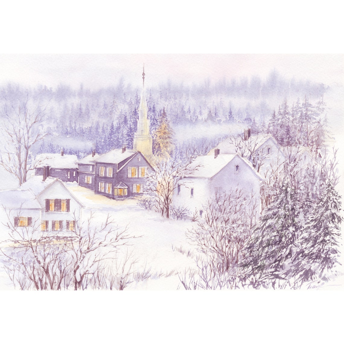 Winter village painting Snow scene wall art print Winter Etsy