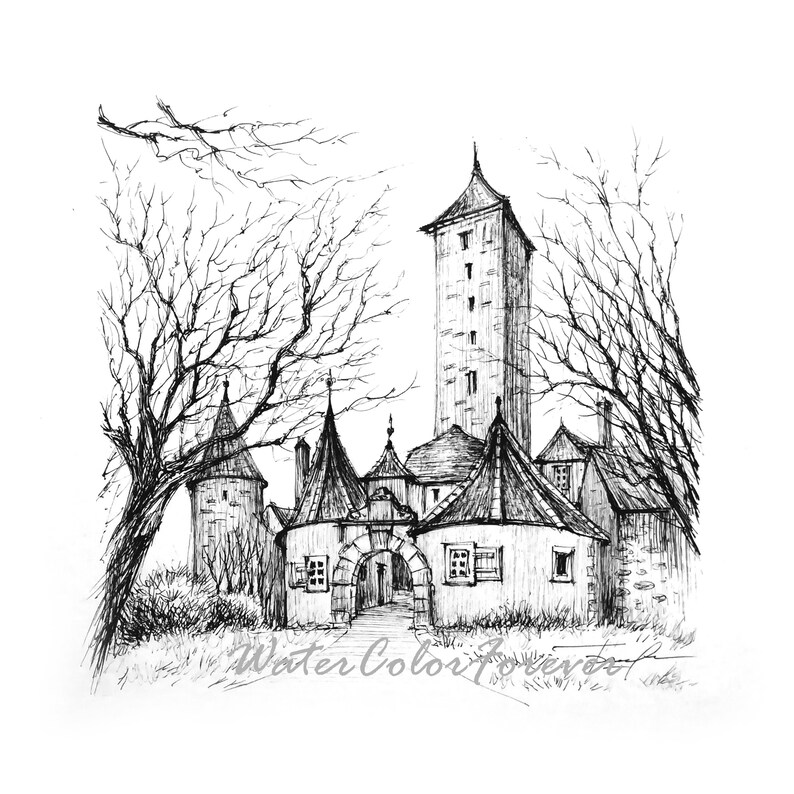 Castle Gate Drawing Original Ink Drawing Rothenburg Etsy Castle Gate Drawing Original Ink Drawing Rothenburg Etsy
