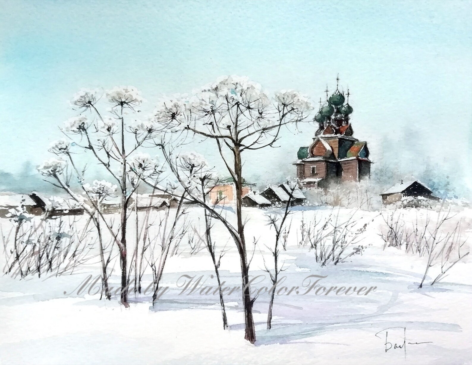 Russian winter landscape Watercolor print Russian scenery | Etsy