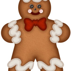 Op de afbeelding: Een gingerbread man koekje met witte glazuur en een rode strik. Het koekje heeft zwarte knoopjes voor ogen en roze wangen.