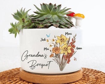 Grandma's Bouquet Family Flower Bouquet Plant Pot, Mother's Day Gifts | Garden Decor, Custom Birth Month Grandma Gardens Mini Flower Pot