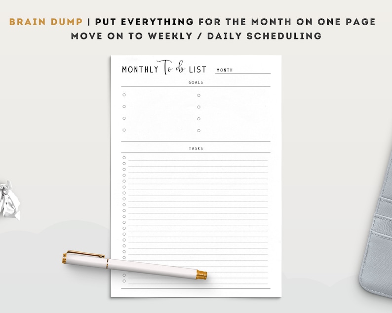May include: A printable monthly to-do list with sections for goals and tasks. The list is designed to help you organize your month and stay on track.