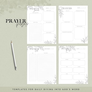 Puede incluir: Cuatro páginas imprimibles con diseños florales en blanco y negro y texto para un diario de oración. Las páginas incluyen secciones para la oración diaria, la oración semanal, la lista de oración y los temas de oración.