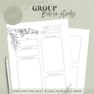 Puede incluir: Plantillas de papel blanco para el estudio bíblico en grupo, con el texto "Group Bible Study" y detalles florales. Incluye secciones para el pasaje, preguntas y notas. También se ve el texto "US Letter & A4 Sizes".