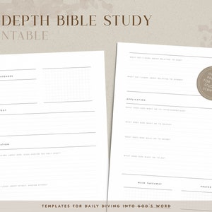 Op de afbeelding: Printbare Bijbelstudie-dagboek met een geruit gedeelte voor notities en prompts voor een diepere studie van de Schrift. De tekst op de pagina luidt "In Depth Bible Study Printable" en "Templates for Daily Diving into God's Word".