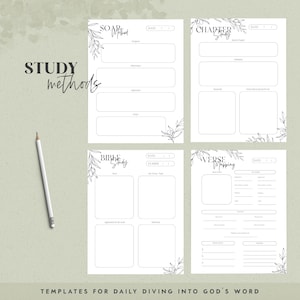 May include: Four printable Bible study templates with floral accents. Each template features a different study method: SOAP, Chapter Study, Bible Study, and Verse Mapping. The templates are designed for daily diving into God's word.