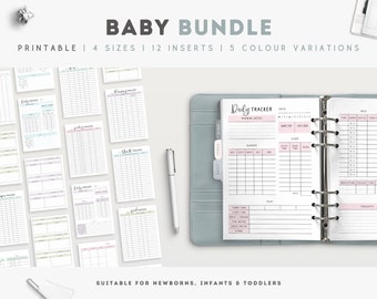 May include: A printable baby bundle with 12 inserts and 5 color variations. The bundle includes a daily tracker with sections for feeding, sleep, diapers, and notes. The text "BABY BUNDLE" is at the top of the image. The text "PRINTABLE | 4 SIZES | 12 INSERTS | 5 COLOUR VARIATIONS" is below the title. The text "SUITABLE FOR NEWBORNS, INFANTS & TODDLERS" is at the bottom of the image.