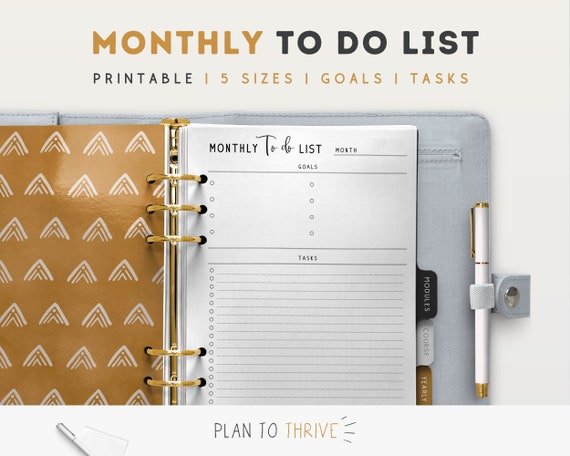Monthly To-Do List Printable: Goal & Task Planner (5 Sizes) (PDF)
