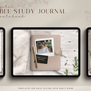 Puede incluir: Una plantilla digital de diario de estudio bíblico y cuaderno que se muestra en la pantalla de una tableta. La plantilla presenta un fondo marrón claro con una página blanca y una foto de una Biblia y plantas. El texto "BIBLE STUDY JOURNAL" se muestra en una fuente marrón.