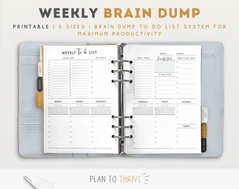 May include: A weekly planner with a brain dump section, to-do list, and daily, weekly, and monthly tabs. The planner is open to show the weekly spread with sections for "Brain Dump", "Big Goals", "Small Tasks", "Prioritize God", "Action Steps", and "Move to Next Week". The planner also has a daily section with space for "Top Tasks" for Monday, Tuesday, Wednesday, Thursday, Friday, Saturday, and Sunday.